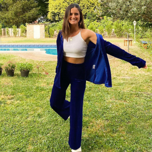 2021 autumn new women's Klein Blue celebrity style velvet long sleeved Pants Set
