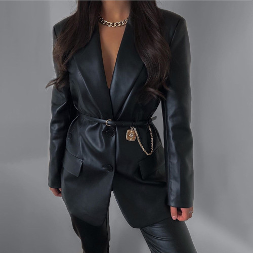 Autumn and winter 2021 new women's wear solid color suit collar fake pocket fashion casual women's leather clothes