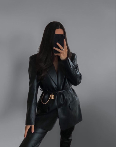 Autumn and winter 2021 new women's wear solid color suit collar fake pocket fashion casual women's leather clothes