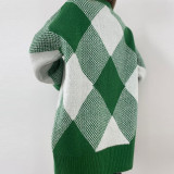 2021 Half Turtleneck Pullover Sweater Loose Green Diamond Check Sweater