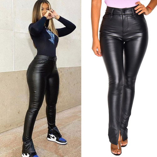 2021 autumn high waist thin tight PU leather pants