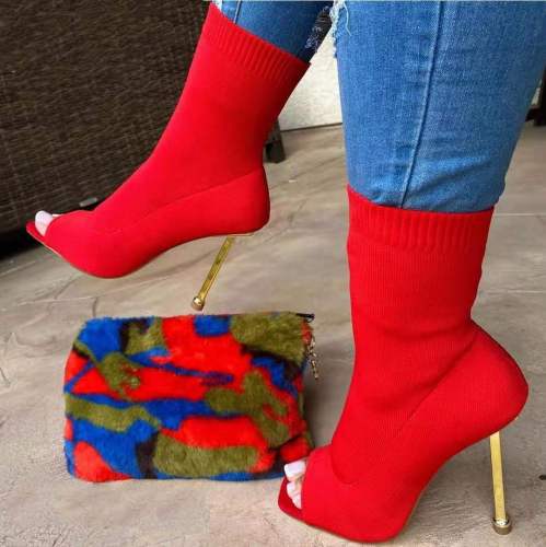 2021 plus size square head fish mouth stretch knitted socks boots with metal heel flying knit Martin boots ankle boots