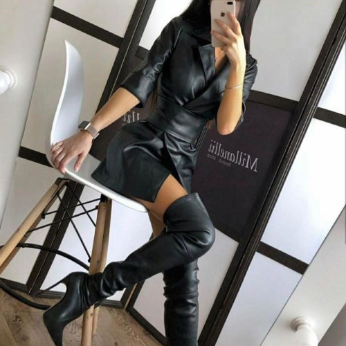 Autumn and winter 2021 new solid PU leather suit collar medium long sleeve women's dress leather coat with belt
