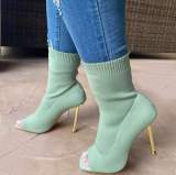 2021 plus size square head fish mouth stretch knitted socks boots with metal heel flying knit Martin boots ankle boots