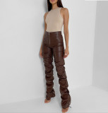 2021 autumn ins Hip Wrap fashion street shoot casual leg binding zipper Pu pleated pants