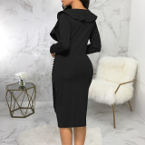 2021 autumn winter sexy fashion solid color night women's V-neck dress