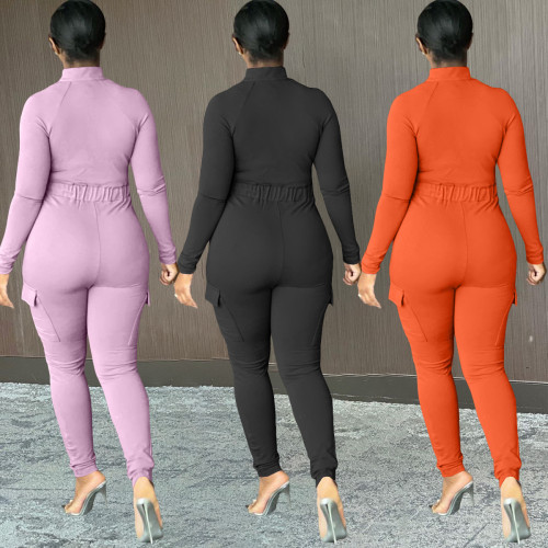 2021 autumn winter women's solid color casual zipper Jumpsuit