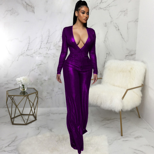 2021 autumn winter sexy fashion bronzing solid color long sleeve V-neck women's Jumpsuit