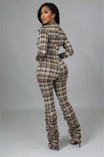 2021 autumn winter new fashion slim fit pleated printed Plaid Jumpsuit