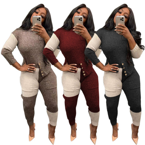 2021 autumn winter women's casual contrast sweater set