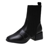2021 autumn and winter new ins large size flying woven thick heel thin socks boots square toe Martin boots