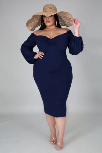 Aw2021 large women's solid long sleeve dress