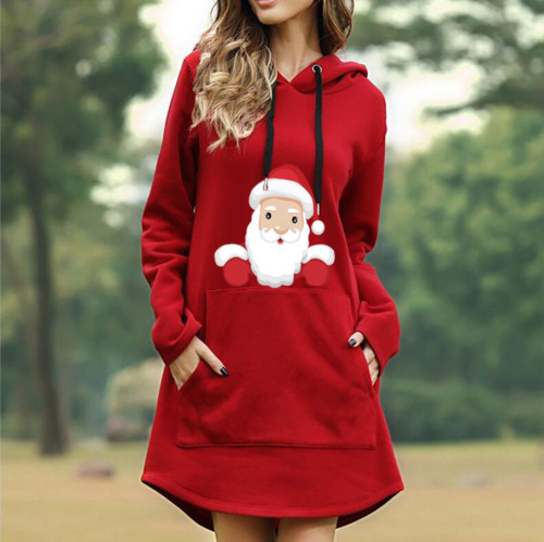 2021 autumn winter new Christmas printed hooded long sleeve women's dress
