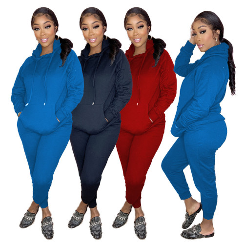 Autumn and winter solid color two-piece sports drawstring hooded suit