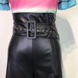 2021 new winter women's fashion high waist PU leather pants ins style nightclub metal belt wide leg pants