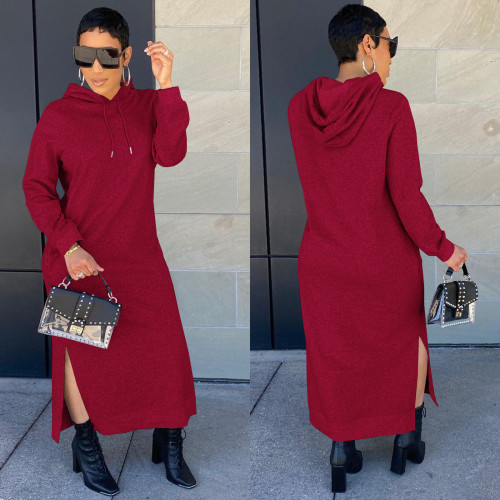 2021 autumn winter women's fashion casual solid color Hooded Sweater solid color dress
