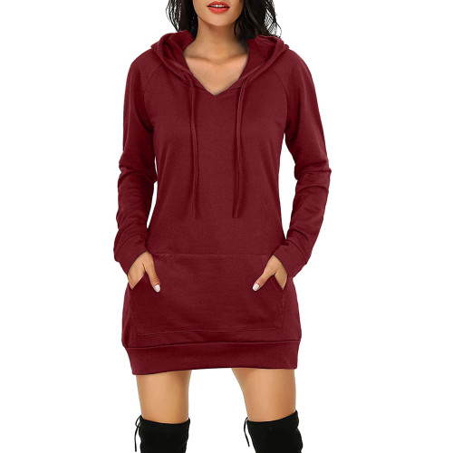 2021 autumn medium long hooded dress long sleeve women's fashion solid color pocket sweater
