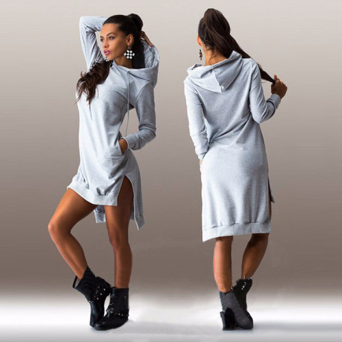 2021 autumn women's fashion irregular hooded long sleeved sweater dress