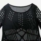 2021 autumn winter fashion sexy round neck perspective polyester mesh hollow out large dress