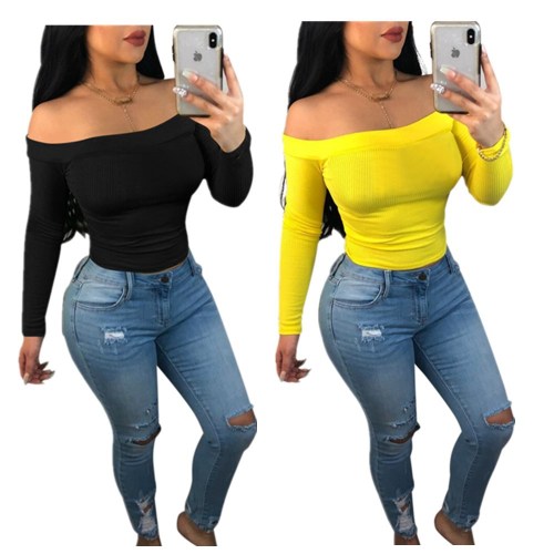 2021 autumn winter solid color sexy temperament Pullover straight neck Long Sleeve T-Shirt Top
