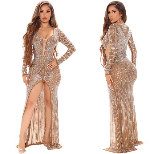 2021 fashion sexy party host celebrity style hot diamond high split dress