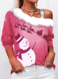 2021 autumn new long-sleeved fur collar sling snowman Christmas print T-shirt