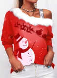 2021 autumn new long-sleeved fur collar sling snowman Christmas print T-shirt