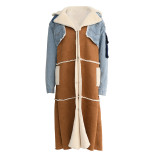 Winter fashion brand new plus velvet denim stitching jacket lamb hair liner large lapel long thick cotton jacket