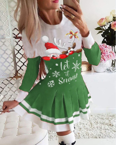 2021 autumn and winter stitching printed pleated skirt Christmas dress