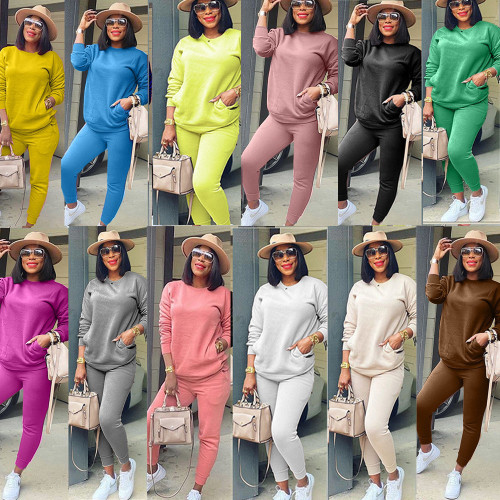 2021 autumn and winter fashion solid color cotton casual sweater two-piece suit （Twelve colors）