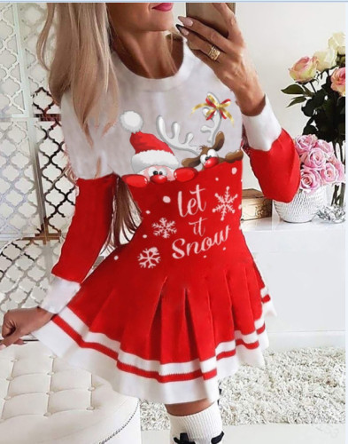 2021 autumn and winter stitching printed pleated skirt Christmas dress