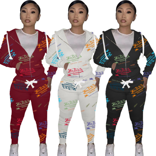2021 autumn winter women's fashion digital printed letter sweater sports suit