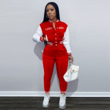 Aw21 women's solid color stitched thread lettered printed pocket Baseball Jacket long sports two piece set