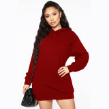 2021 autumn and winter new sweater solid color hooded Plush fashion medium length top