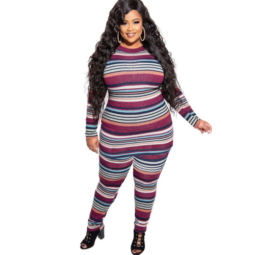 Plus size women's 2021 autumn and winter stripe printing two-piece suit