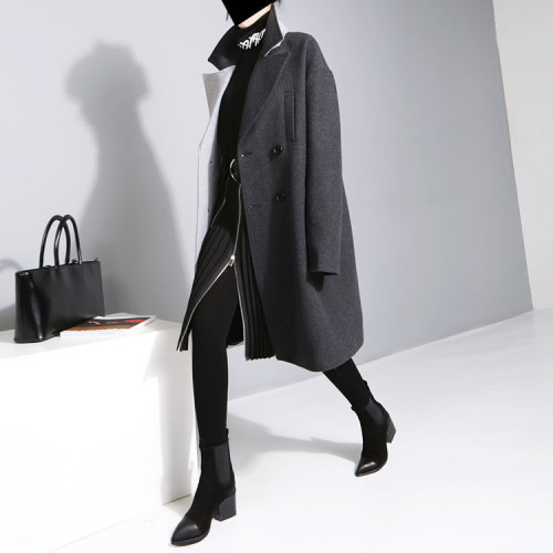 2021 autumn winter new coat left and right color matching large lapel medium and long double breasted Korean wool coat