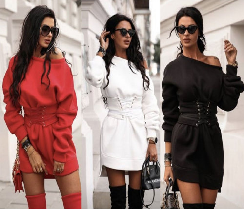 Autumn and winter sexy sweater round neck loose waist long sleeve dress