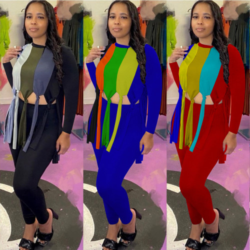 2021 autumn winter women's matte digital positioning contrast color printing tassel knot fashion sexy two-piece set