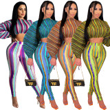 2021 autumn winter women's digital print stripe arm drawcord open belly fashion sexy 2-piece set