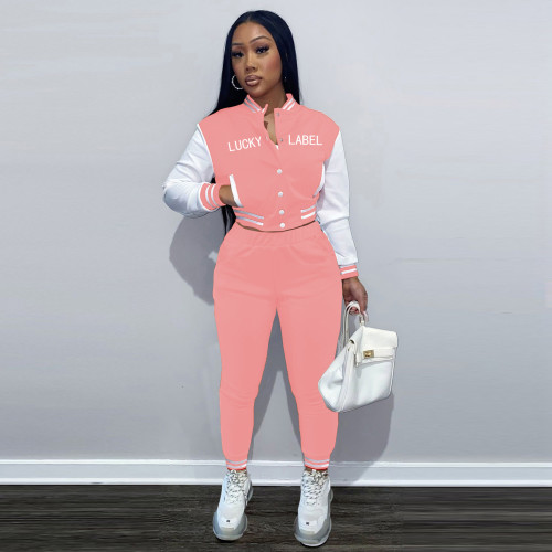 Aw21 women's solid color stitched thread lettered printed pocket Baseball Jacket long sports two piece set