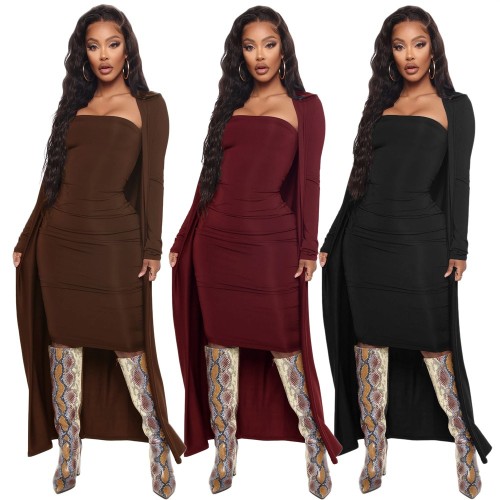 2021 autumn winter casual solid color coat dress women's two-piece set