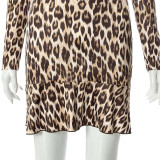 Autumn lace-up v-neck street pullover long-sleeved leopard print dress