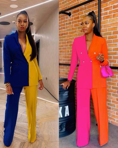 2021 autumn and winter new professional color contrast small suit loose long two-piece suit