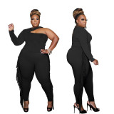 Plus size women's hanging neck strapless top + tasseled leggings two-piece suit