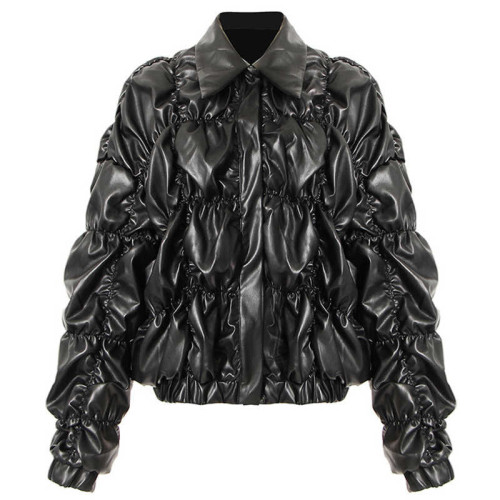 Autumn and winter new personality all-match leather jacket folds pleated design lapel thin cotton jacket