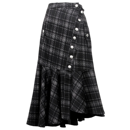All-match temperament dark heavy industry asymmetric long button mermaid plaid high waist skirt