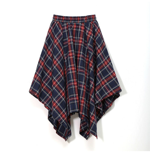 2021 Hong Kong style retro big hem mid-length slim irregular plaid high waist skirt