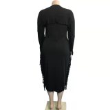 Plus size solid color dress with fringed hem on both sides back