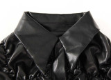 Autumn and winter new personality all-match leather jacket folds pleated design lapel thin cotton jacket