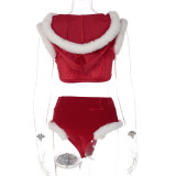2021 Winter Christmas New Fashion Stitching Plush Hooded Zipper Vest Sexy Shorts Set